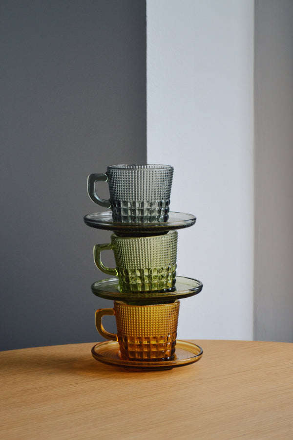 Glass Cup and Saucer - Three Colours Available