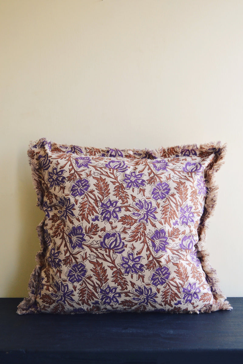 Camel and Dark Purple Floral Printed Cushion