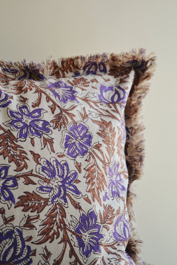 Camel and Dark Purple Floral Printed Cushion