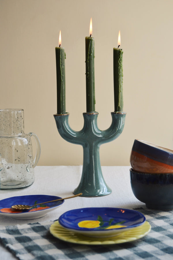 Three Tier Stoneware Candle Holder - Green