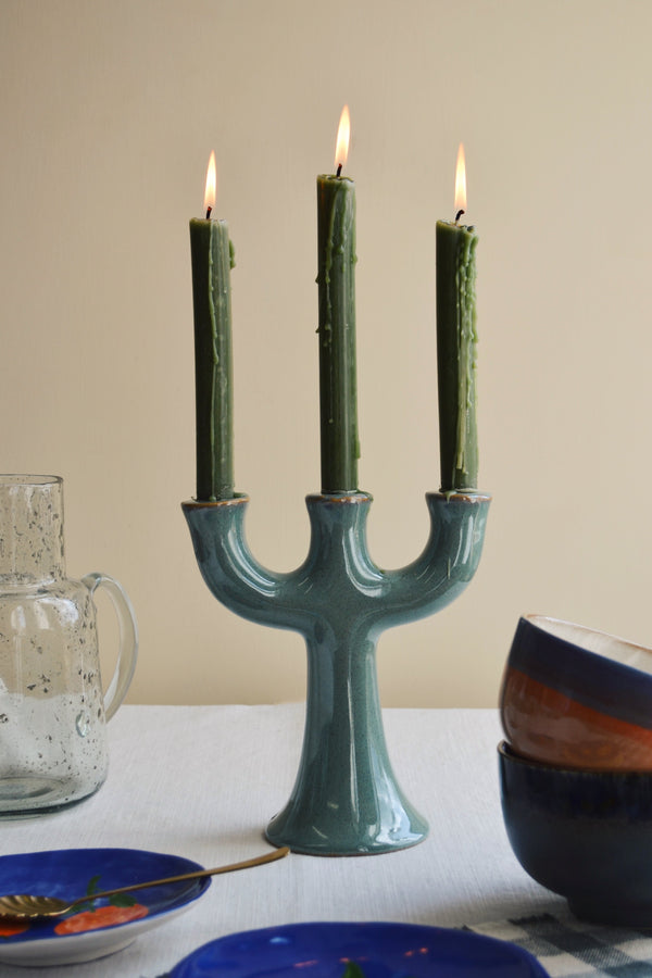 Three Tier Stoneware Candle Holder - Green
