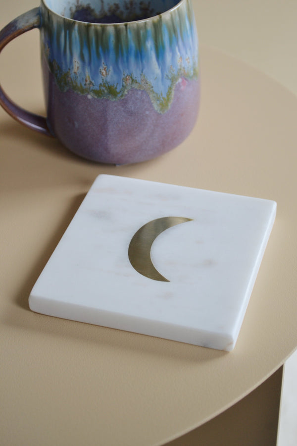 White Marble Coaster with Brass Moon