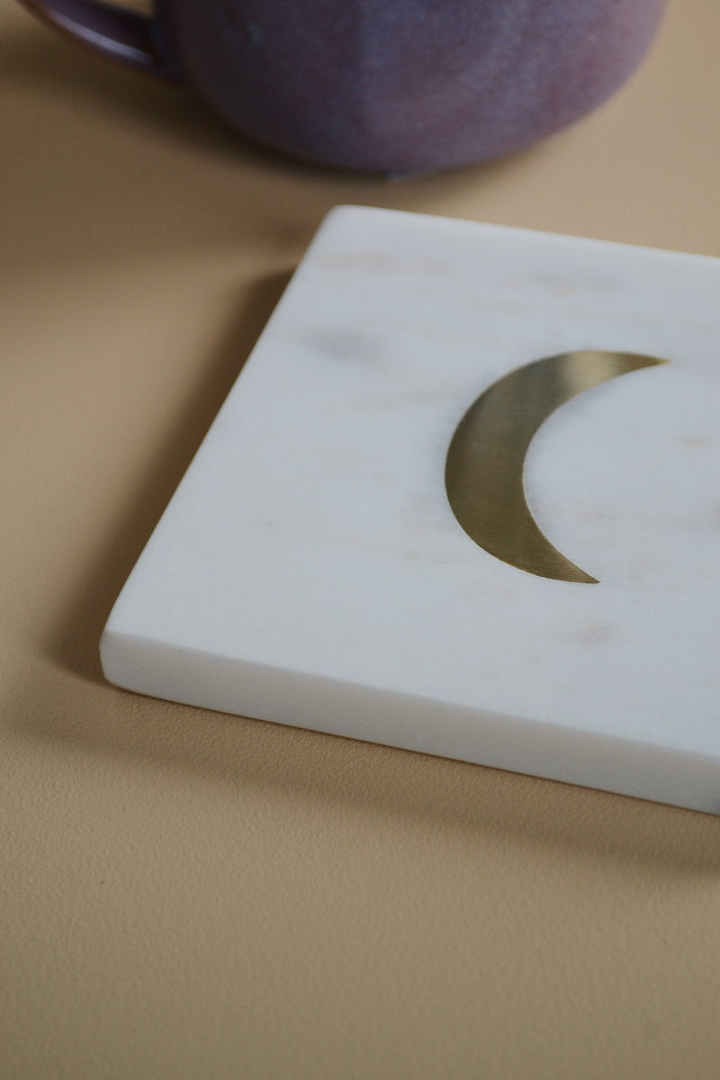 White Marble Coaster with Brass Moon