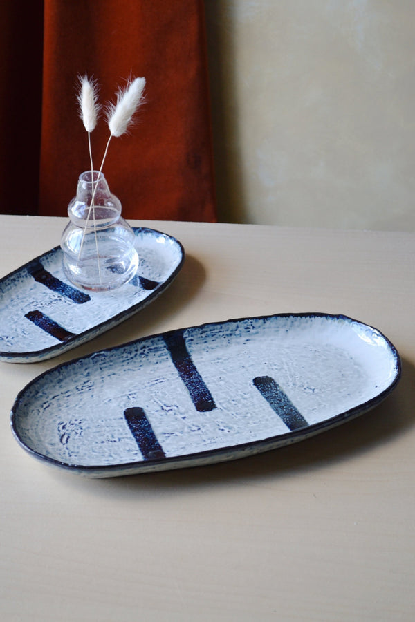 Stoneware Oval Platter with Stripes - Two Sizes Available