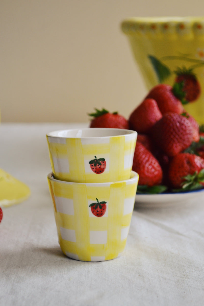 Anna and Nina Yellow Checkered Strawberry Espresso Cup