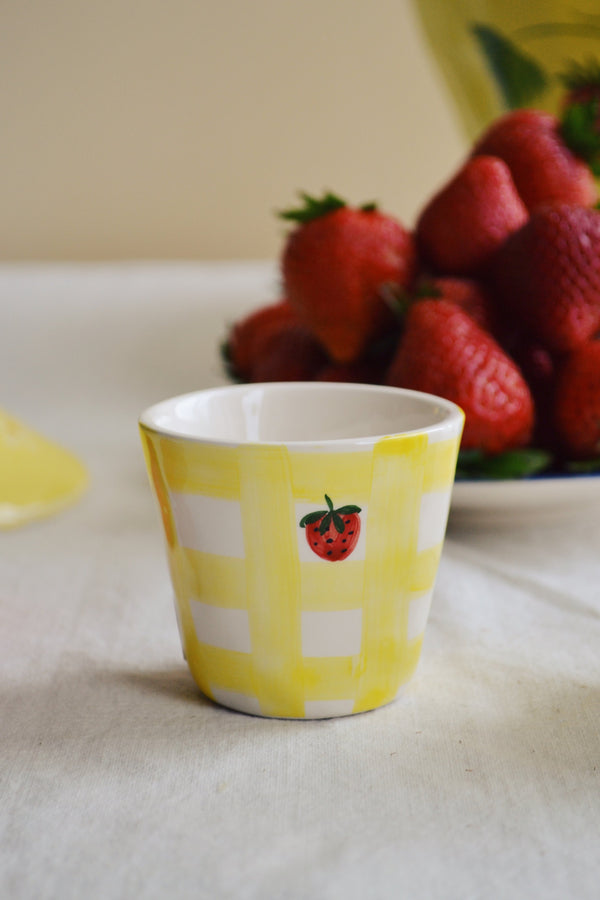 Anna and Nina Yellow Checkered Strawberry Espresso Cup