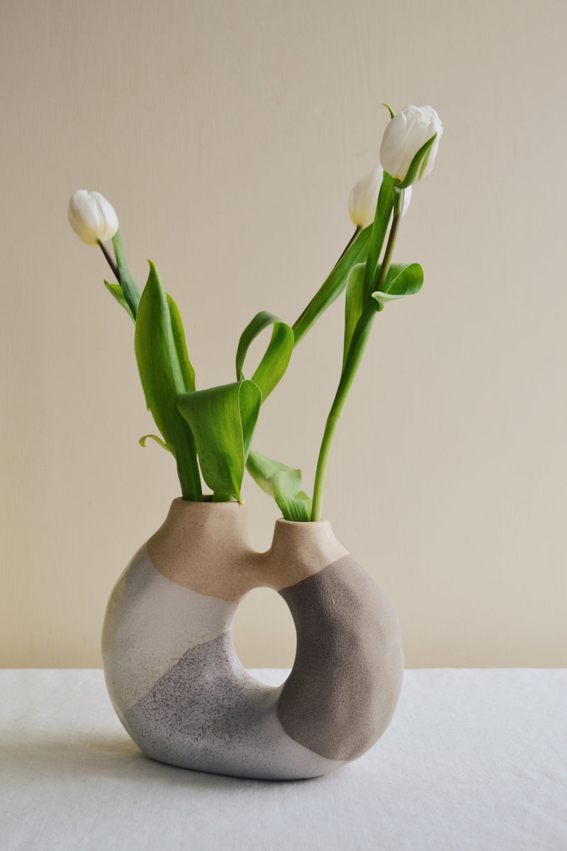 Beige Stoneware Vase with Double Opening