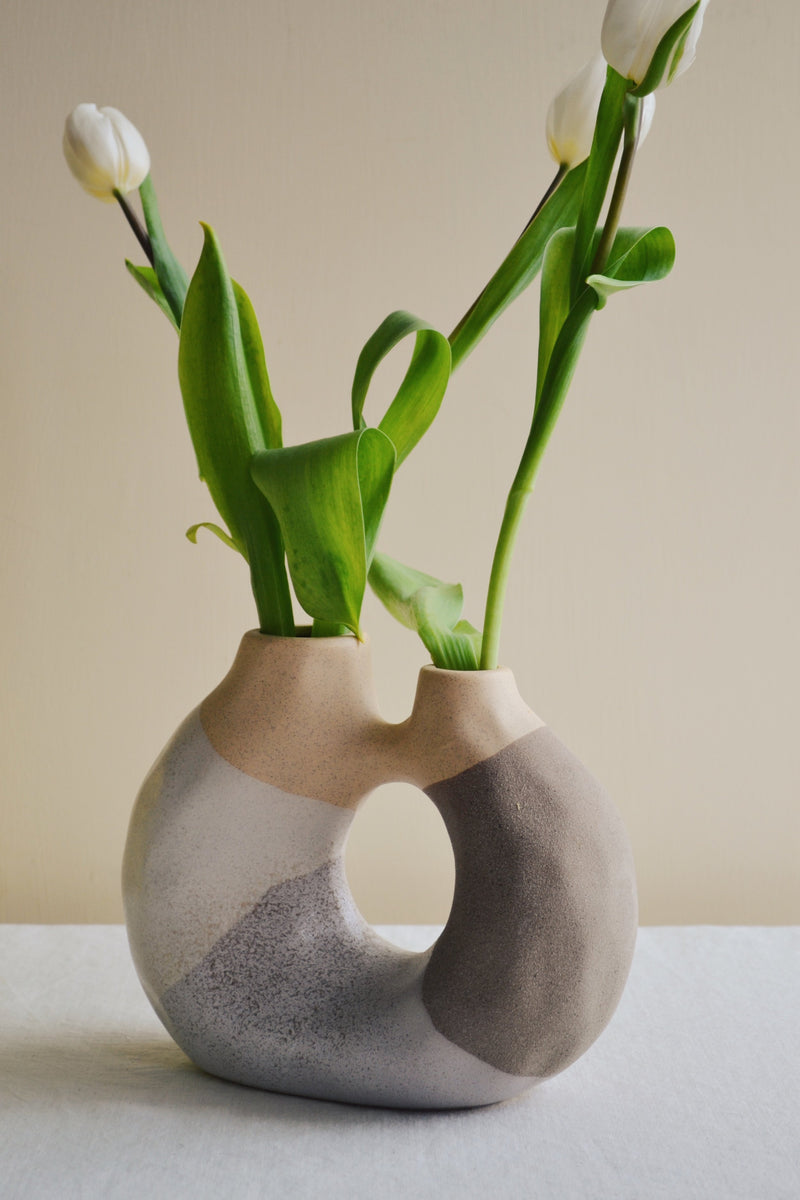 Beige Stoneware Vase with Double Opening