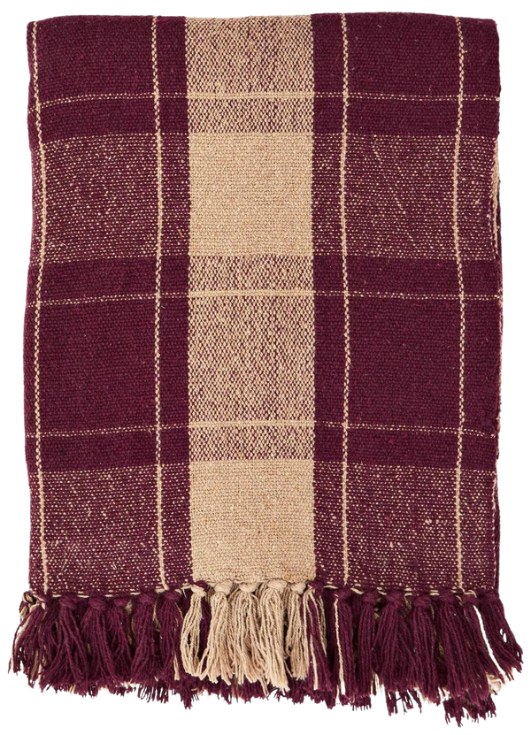 Maroon and Beige Check Recycled Cotton Throw