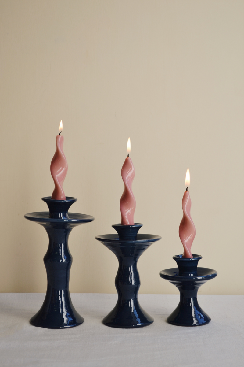 Navy Glazed Candlestick Holder - Three Sizes Available