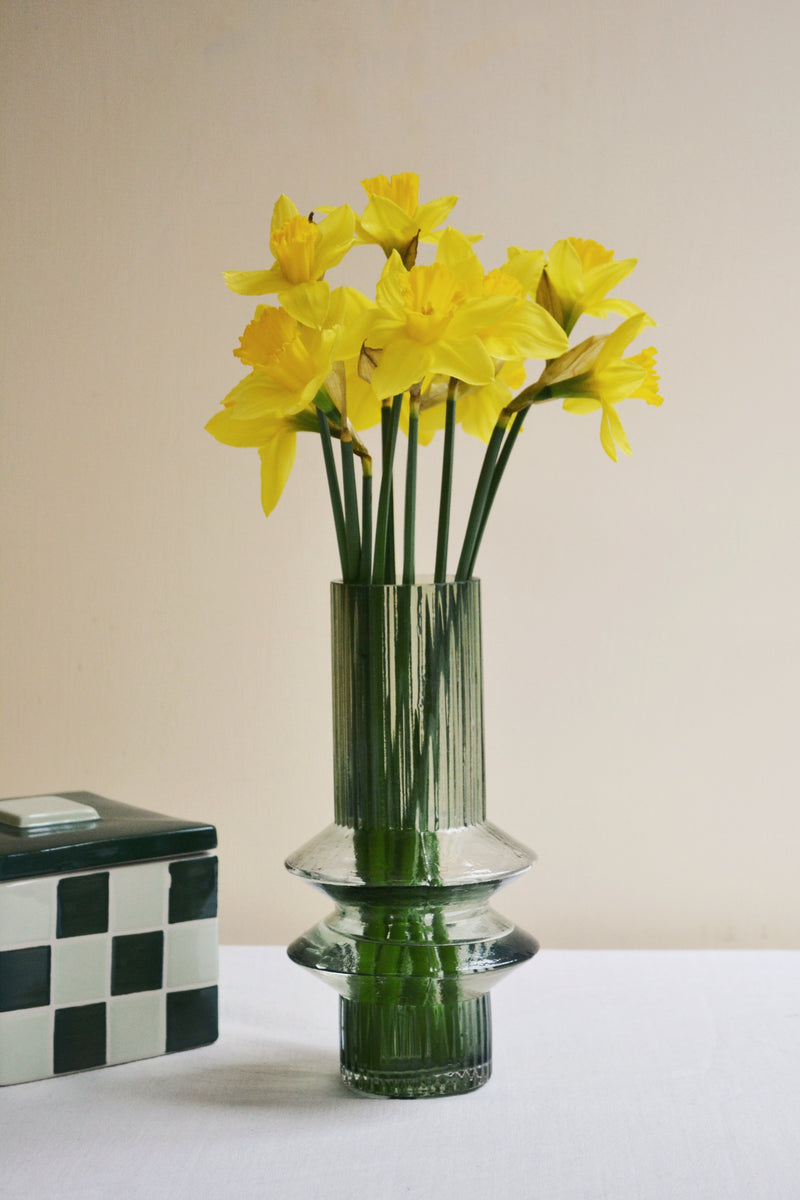 Small Grey Green Ribbed Glass Vase