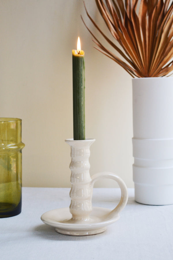 Cream Glaze Candlestick Holder With Handle