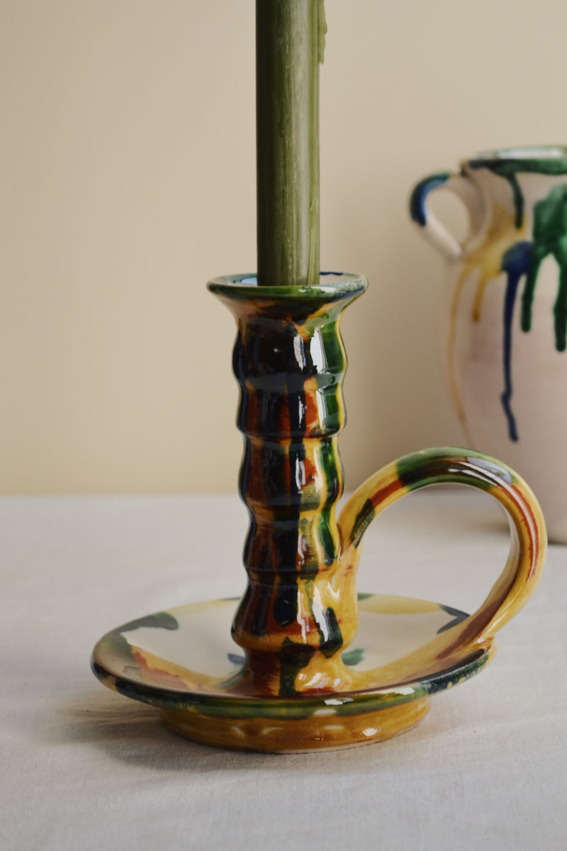 Multi Glaze Candlestick Holder With Handle