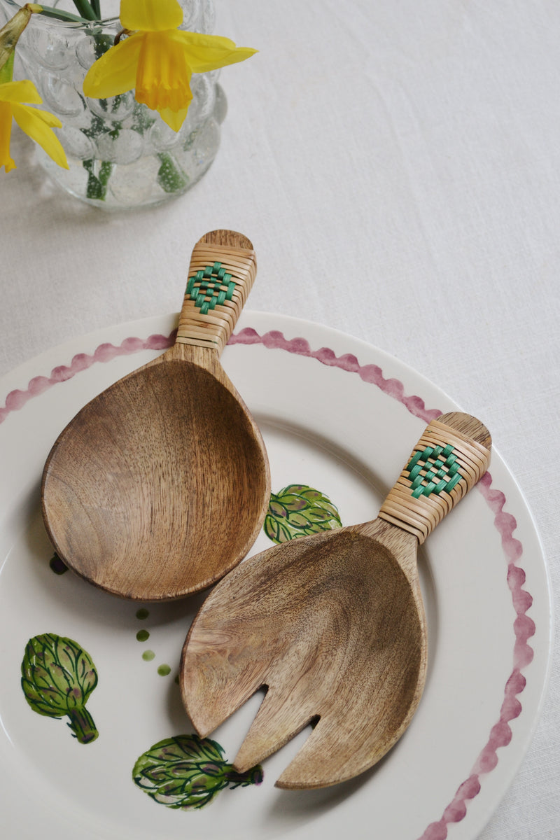 Wooden Serving Set with Green Bamboo