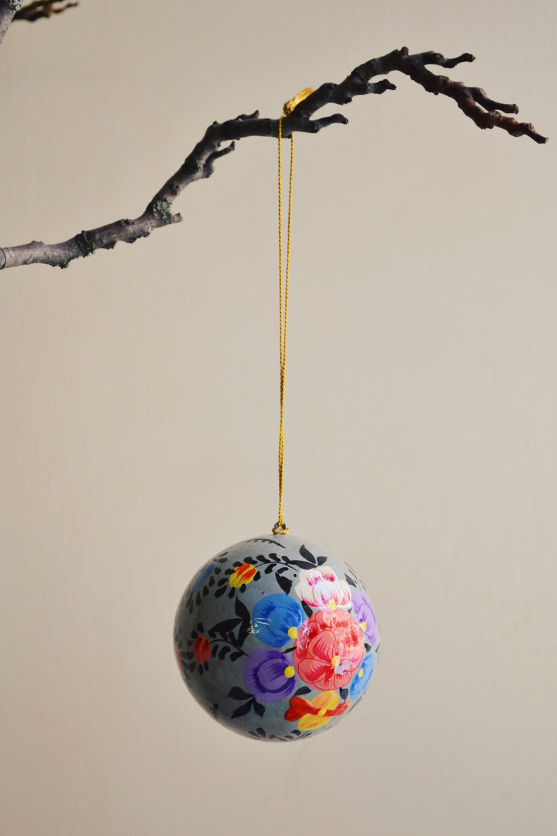 Floral Paper Mache Christmas Bauble - Grey