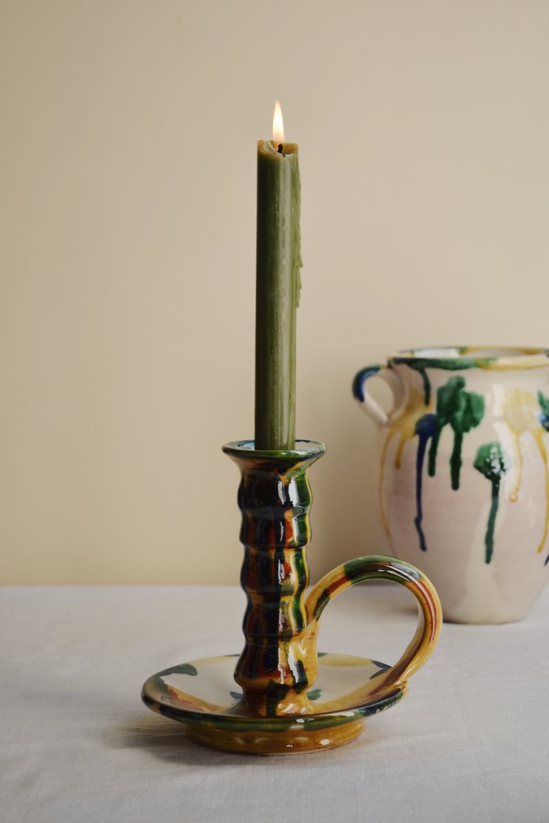 Multi Glaze Candlestick Holder With Handle
