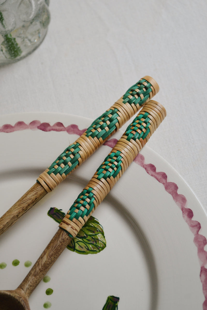 Wooden Salad Set Servers With Green Bamboo