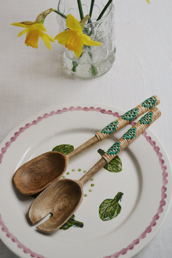Wooden Salad Set Servers With Green Bamboo