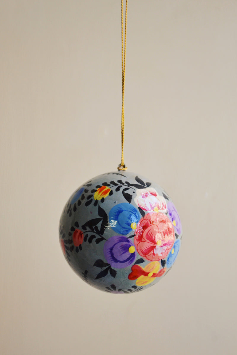 Floral Paper Mache Christmas Bauble - Grey