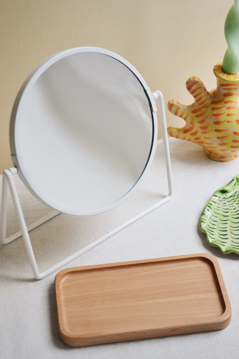 White Table Mirror with Natural Tray