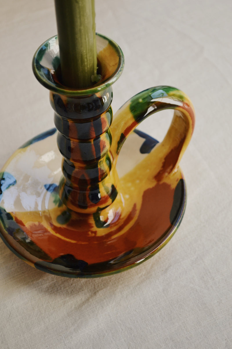 Multi Glaze Candlestick Holder With Handle