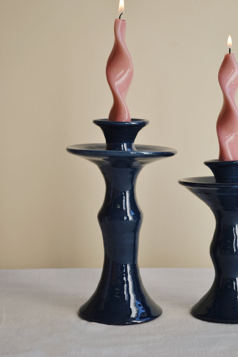 Navy Glazed Candlestick Holder - Three Sizes Available