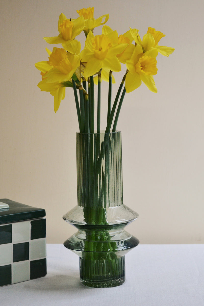Small Grey Green Ribbed Glass Vase