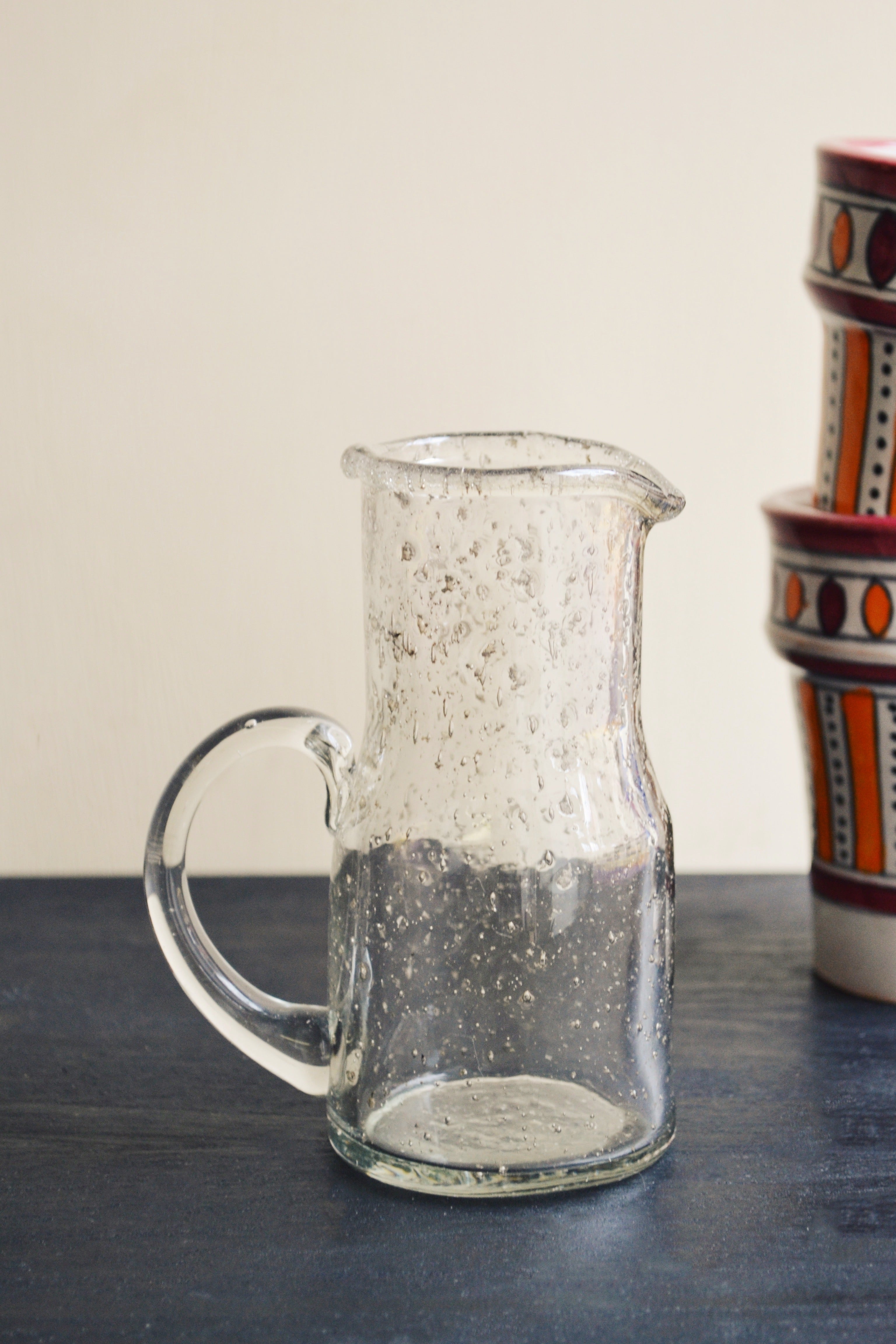 Glass Milk Jug with Bubbles Spicer and Wood