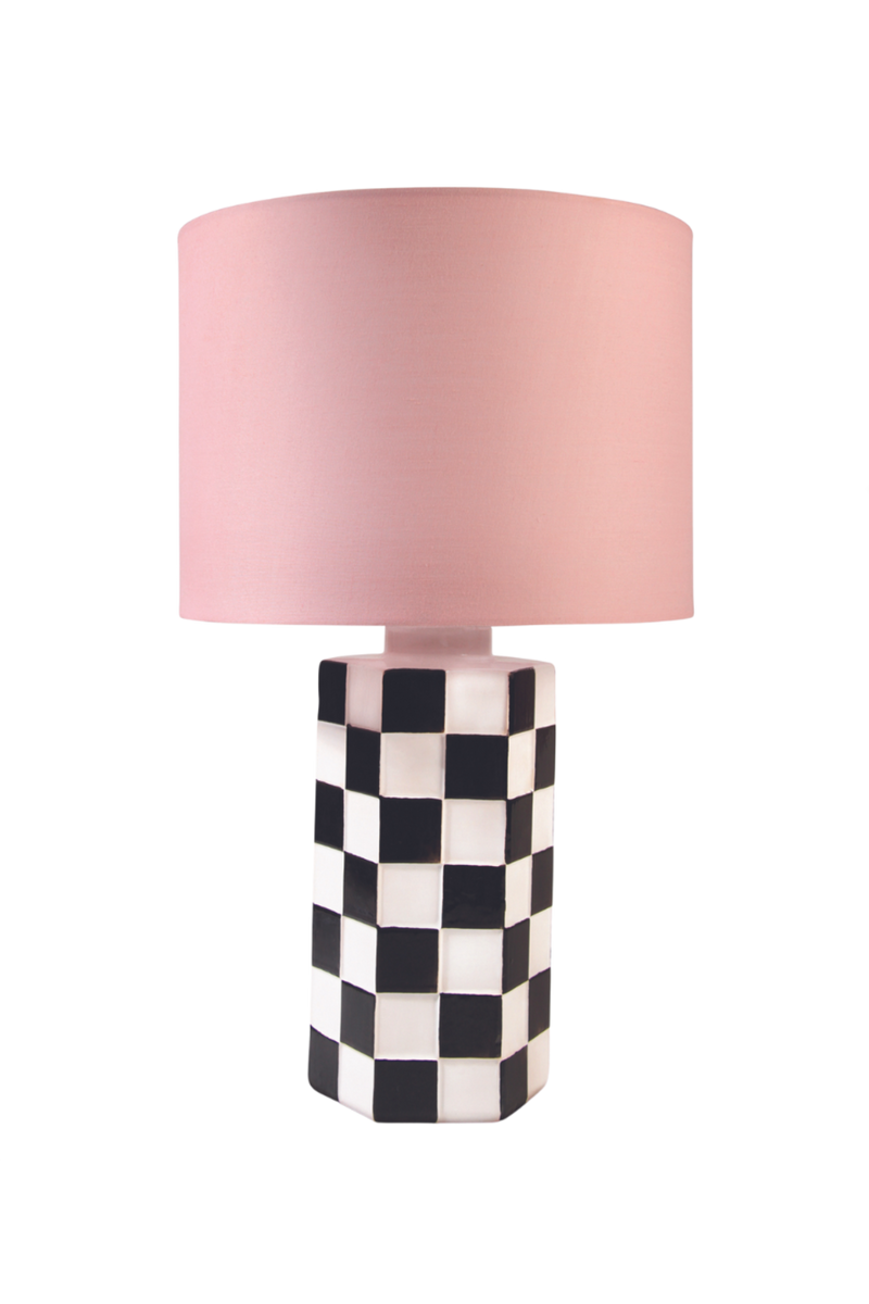 Black White Check Ceramic Lamp with Pink Shade